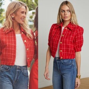 L’Agence Cove Cropped Tweed Jacket Red Hot Pink Plaid Puff Sleeve Size 12 NWT